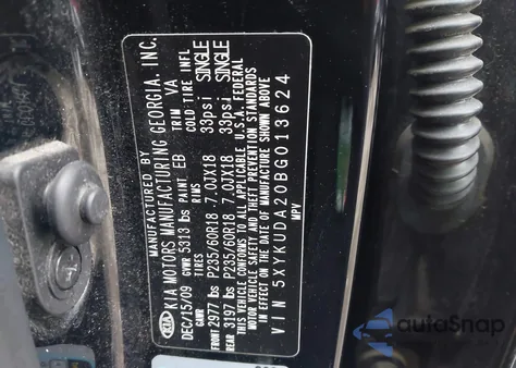 2011 Kia Sorento Ex V6 z USA, uszkodzony, nr VIN 5XYKUDA20BG013624